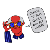 Personne âgée disant "Camille, je crois que la wifi est cassée"